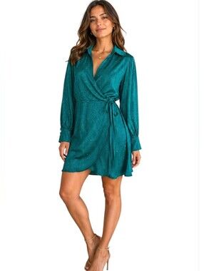 NWT Art Dealer Silk Wrap Mini Dress Satin Rhinestone Embellished Size Large